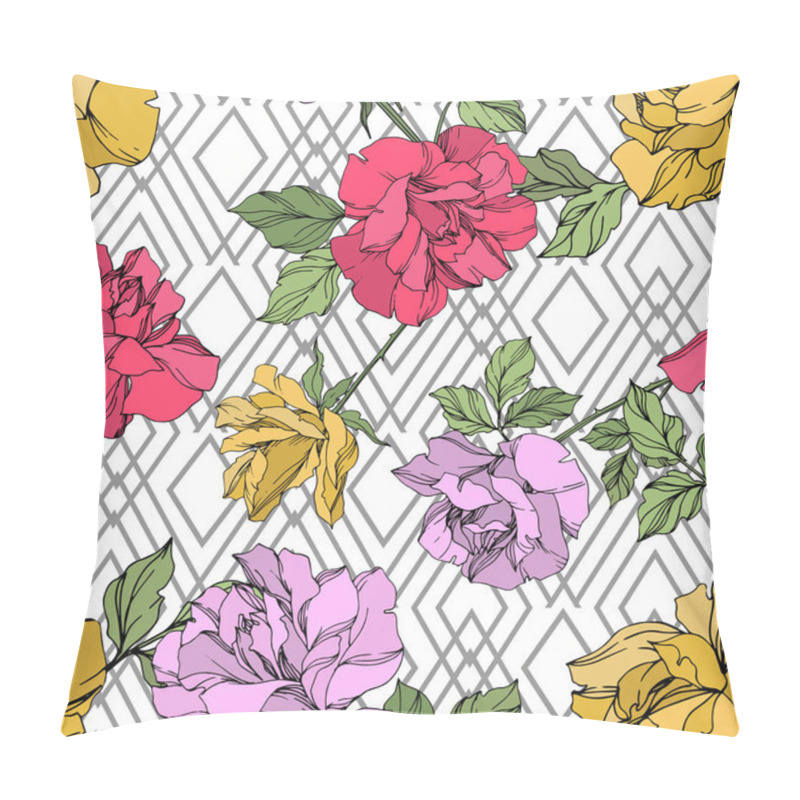 Personality  Yellow, Red And Violet Vector Roses With Green Leaves. Engraved Ink Art. Seamless Background Pattern.  Pillow Covers