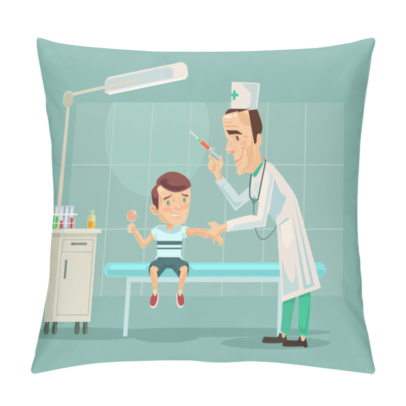 Personality  Doctor Doing Child Vaccination. Vector Flat Cartoon Illustration Pillow Covers