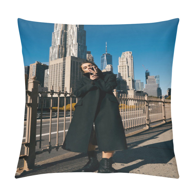 Personality  Woman In Black Coat Dances On NYC Street Amid Skyscrapers. Pillow Covers