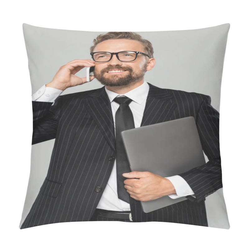 Personality  Positive Businessman In Glasses Holding Laptop And Talking On Smartphone Isolated On Grey  Pillow Covers