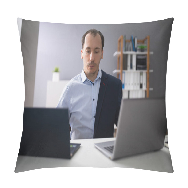 Personality  Businessperson Doing Multitasking Work On Two Laptops At Workplace Pillow Covers