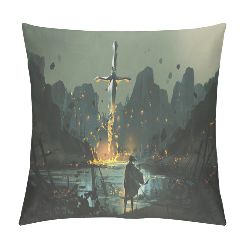 Personality  A Warrior Standing At The Abandoned Port And Looking At The Broken Giant Sword, Digital Art Style, Illustration Painting Pillow Covers