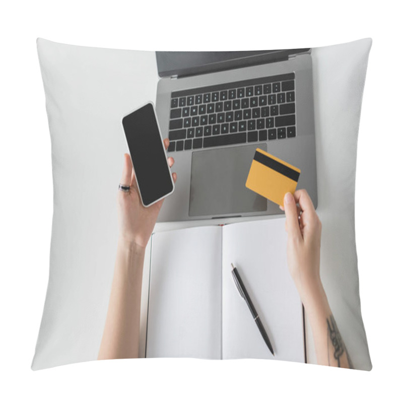 Personality  Top View Of Tattooed Woman Holding Credit Card And Smartphone With Blank Screen Near Laptop And Notebook With Pen On White Table, Modern Workspace, Work From Home,  Digital Payment   Pillow Covers