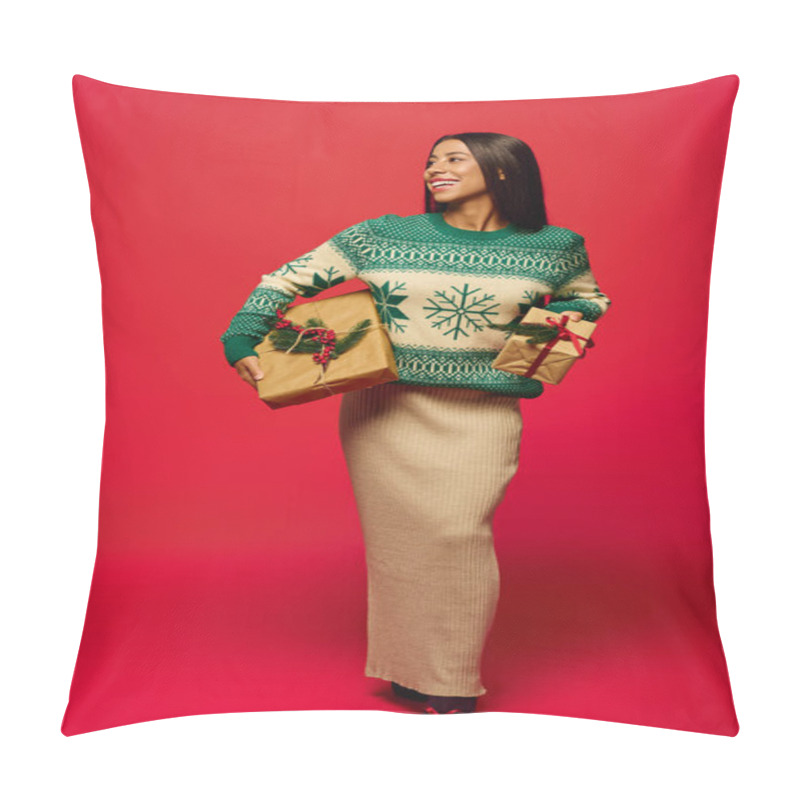 Personality  She Smiles Brightly While Holding Wrapped Gifts, Dressed In A Cheerful Holiday Outfit. Pillow Covers