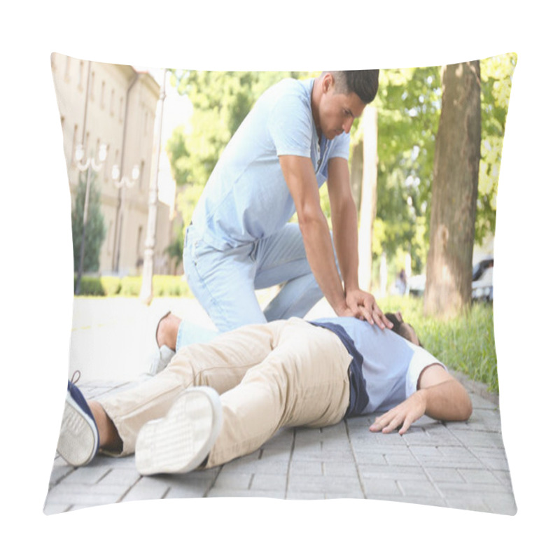 Personality  Passerby Performing CPR On Unconscious Young Man Outdoors. First Aid Pillow Covers