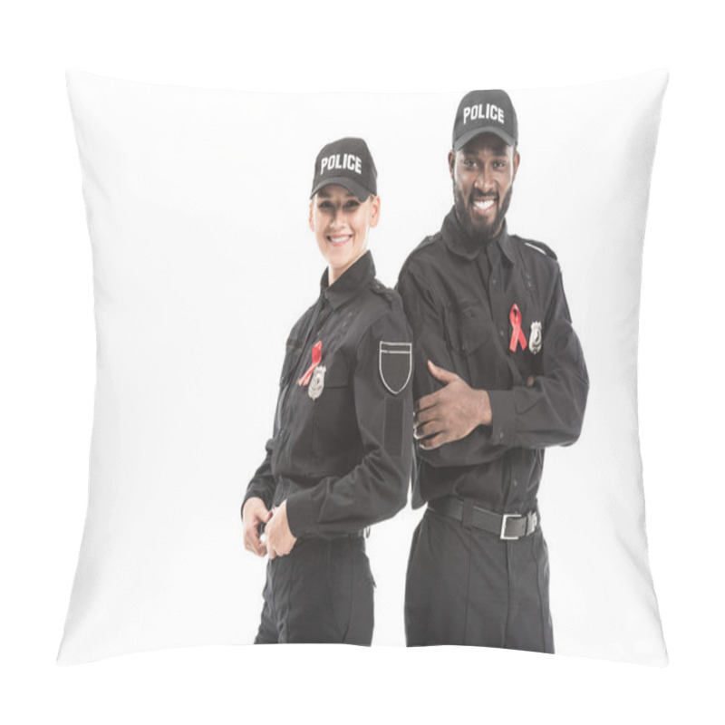 Personality  Successful Police Officers With Aids Awareness Red Ribbons Looking At Camera Isolated On White Pillow Covers