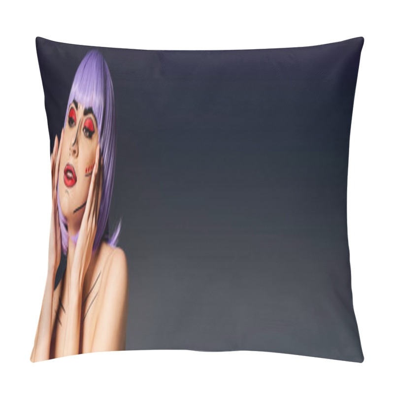 Personality  A Striking Woman With Purple Hair And Pop Art Makeup Strikes A Confident Pose Against A Black Backdrop. Pillow Covers