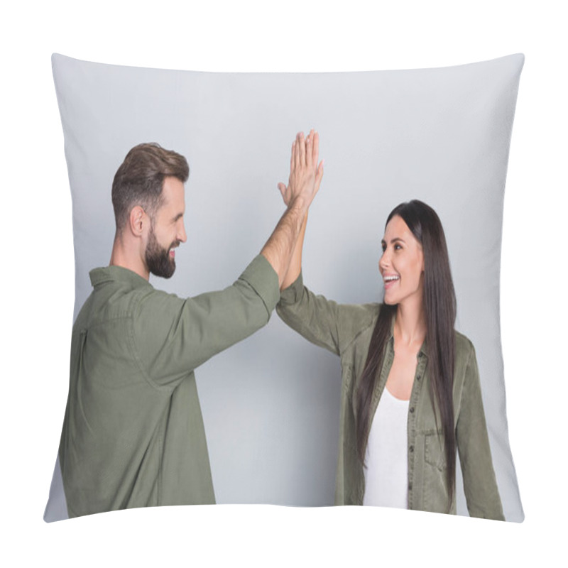 Personality  Portrait Of Attractive Cheerful Couple Best Successful Team Giving Five Isolated Over Grey Pastel Color Background Pillow Covers