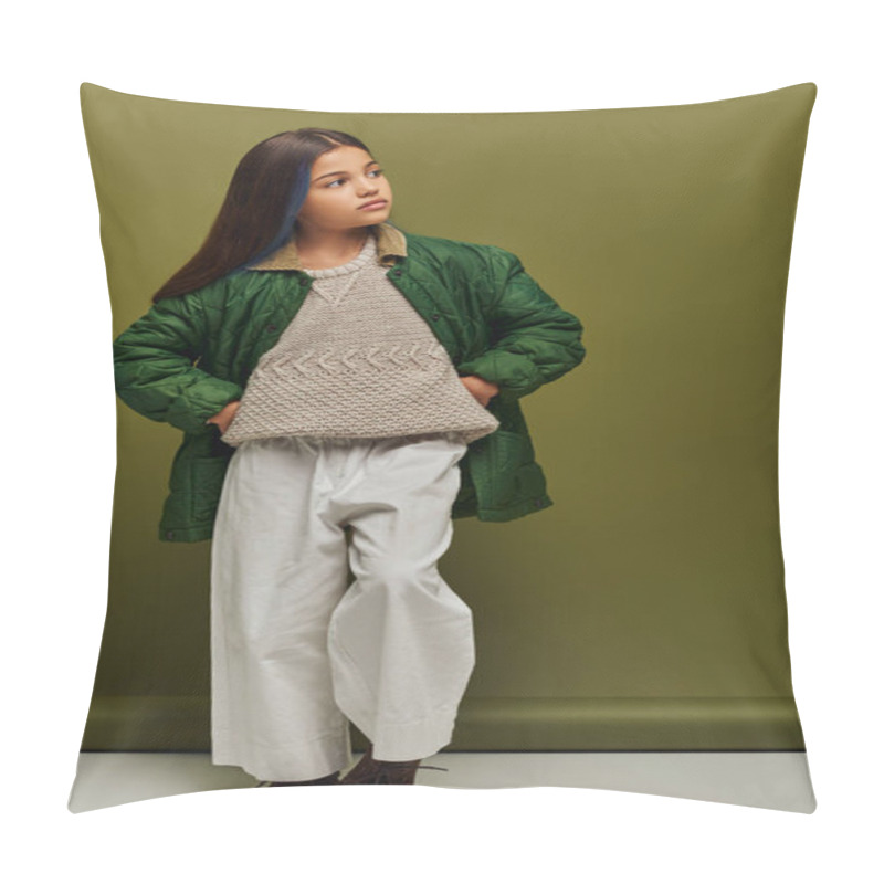 Personality  Full Length Of Trendy Preadolescent Girl With Dyed Hair And Warm Knitted Sweater Holding Hands On Hips And Posing On Green Background, Modern Fashion For Preteens Concept Pillow Covers