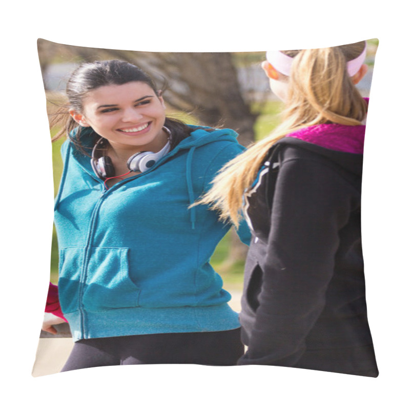 Personality  Three Friends Whit Sportswear Talking After Exercise Pillow Covers