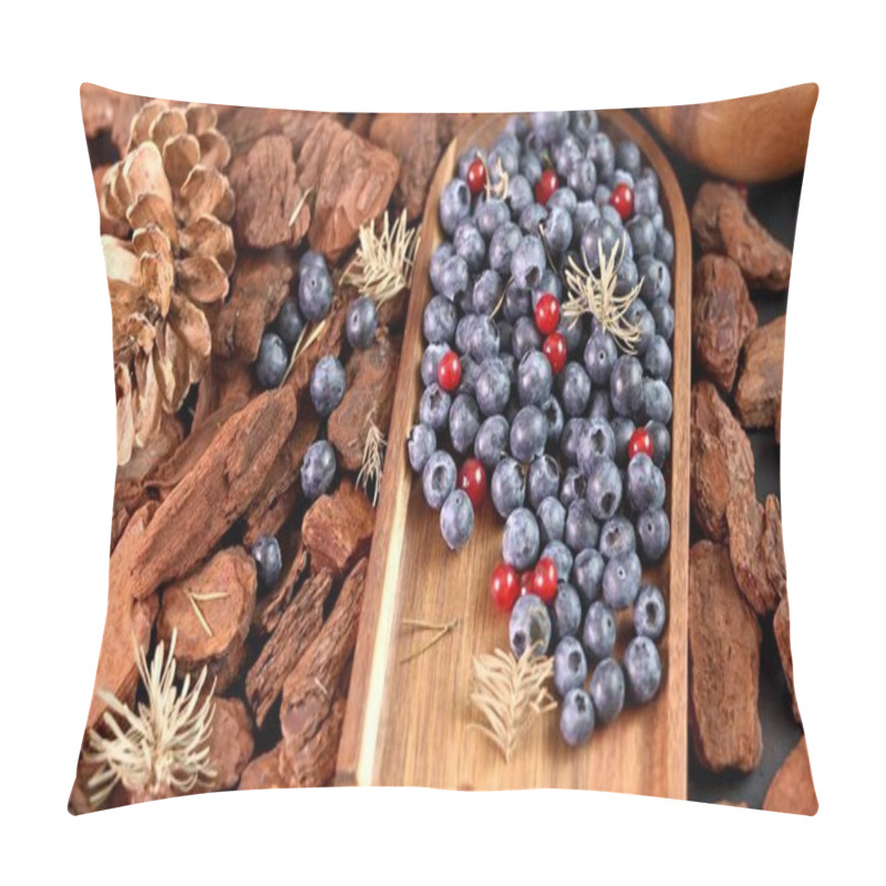 Personality  Blueberries With Bright Red Berries And Rustic Brown Bark Bring Natural Eco Texture, Symbol Of Simplicity. Combination Reflects Freshness, Eco-friendly Style With Vibrant Energy Concept. Pillow Covers