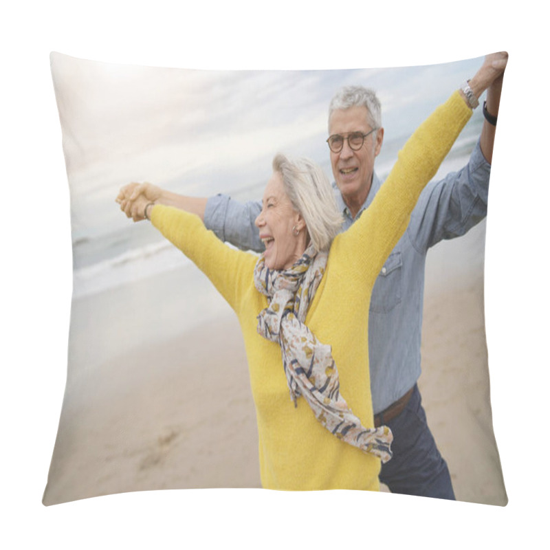 Personality   Lively Senior Couple Playing Around On Beach Together                               Pillow Covers