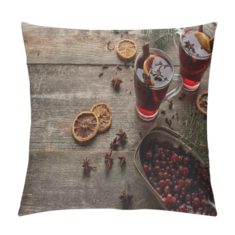 Personality  Red Spiced Mulled Wine With Fir Branch, Berries, Anise, Orange Slices And Cinnamon On Wooden Rustic Table Pillow Covers