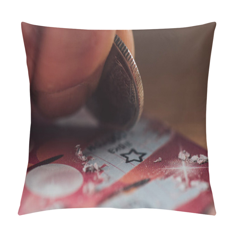 Personality  Close Up View Of Silver Coin In Hand Of Gambler Scratching Lottery Ticket Pillow Covers