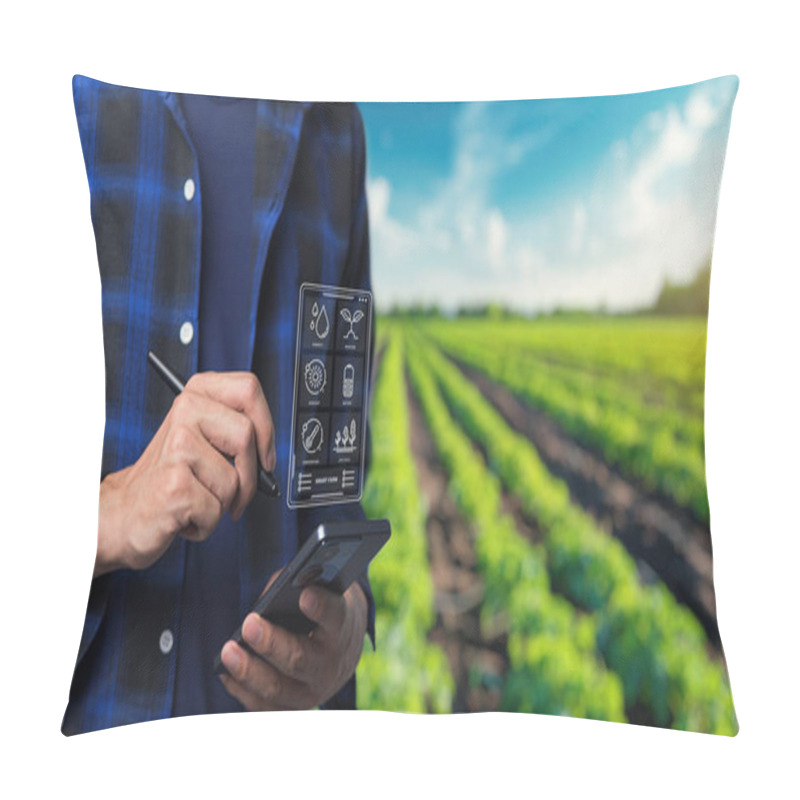 Personality  A Farmer Utilizes Modern Technology To Enhance Sustainable Agriculture In A Lush Field, Showcasing The Integration Of Digital Tools In Farming Practices. Pillow Covers