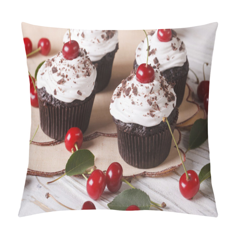 Personality  Beautiful Chocolate Cupcakes With White Cream And Cherry, Horizo Pillow Covers