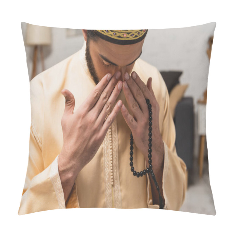 Personality  Middle Eastern Man With Prayer Beads Doing Salah At Home  Pillow Covers