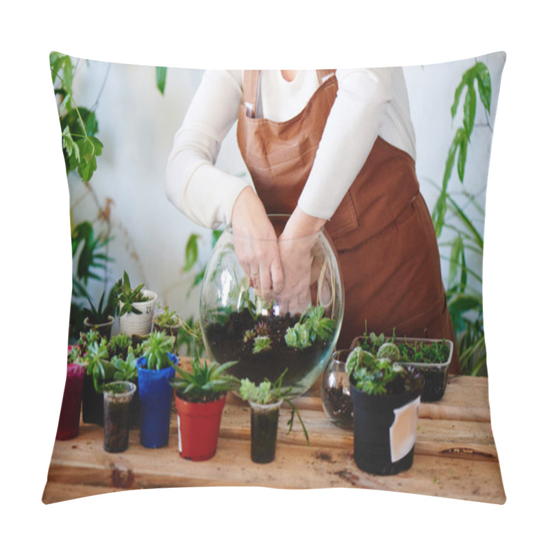 Personality  Woman Nerd Florist Making Mini Terrarium With House Plants, Female Hobby Concept, Close-up   Pillow Covers