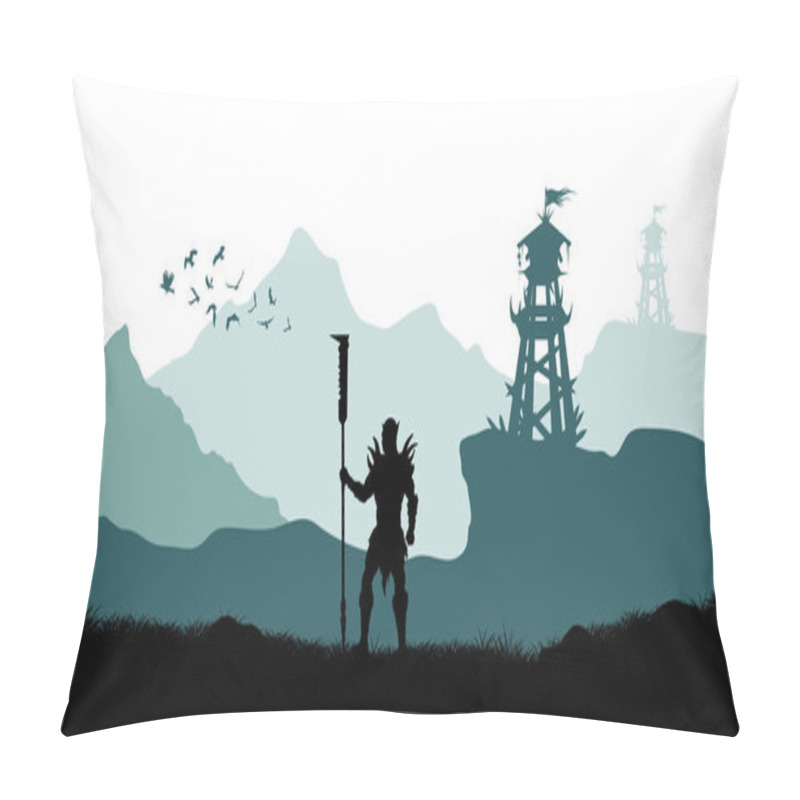 Personality  Black Silhouette Of Orc Warrior On Background Of Tower. Fantasy Landscape. Medieval Panorama. Scene With Battle Watchtower Pillow Covers