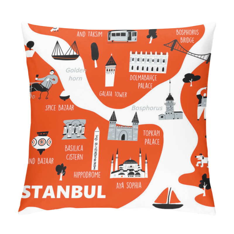 Personality  Istanbul Stylized Map With Main Tourists Attractions And Cultural Symbols, Made In Vector. Pillow Covers