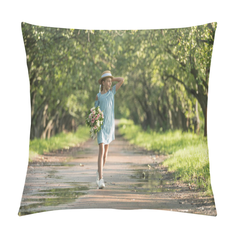 Personality  Beautiful Female Child In Trendy Dress And Straw Hat Holding Bouquet Of Flowers And Walking In Green Orchard Pillow Covers