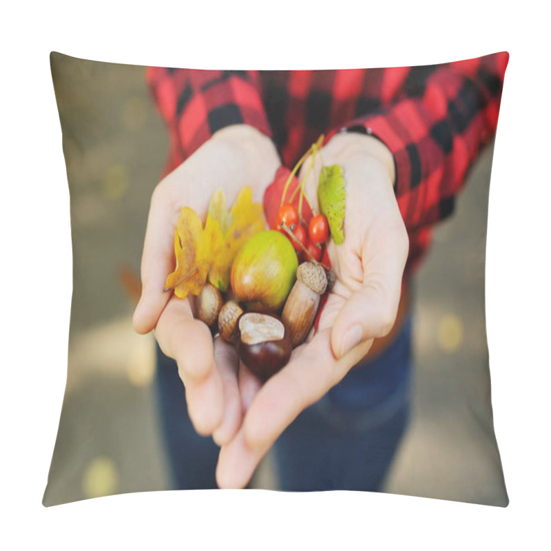 Personality  Girl Holds Her Hands On Autumn Leaves, Acorns, Berries And Hazelnuts Pillow Covers