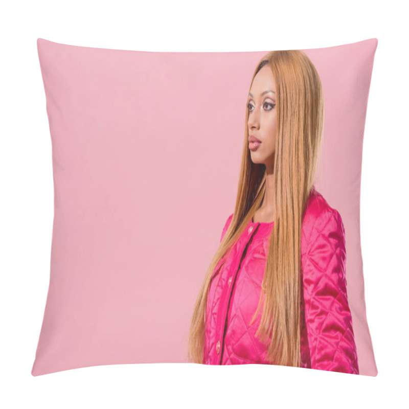 Personality  Beautiful, Stylish African American Woman Looking Away Isolated On Pink, Fashion Doll Concept Pillow Covers