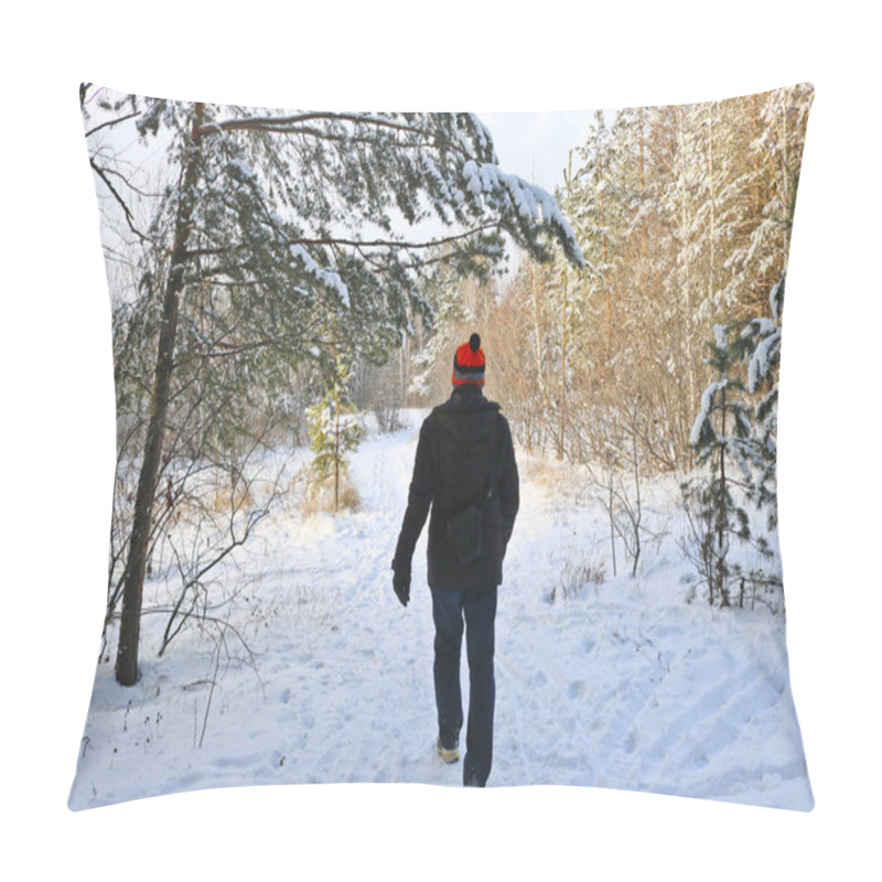 Personality  A Man Walks In The Winter Forest Along A Snowy Path. The Concept Of A Healthy Lifestyle And Outdoor Activities. Pillow Covers