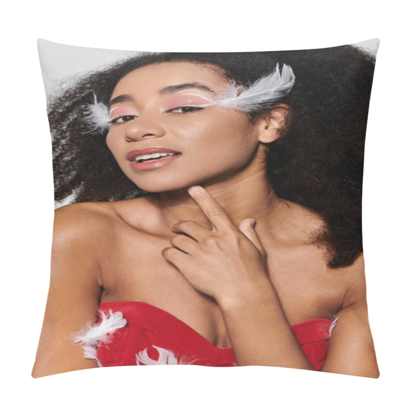 Personality  A Young African American Woman Poses Confidently In A Stylish Red Outfit Adorned With Feathers. Pillow Covers