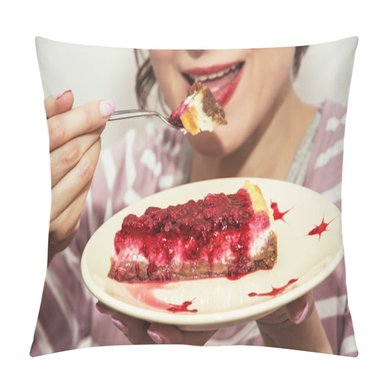 Personality  Young Joyful Woman Is Tasting A Piece Of Cheesecake With Raspber Pillow Covers