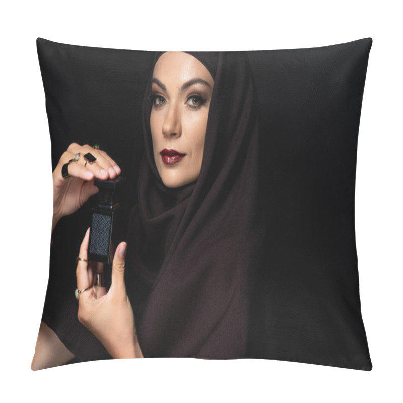 Personality  Beautiful Muslim Woman In Hijab With Makeup In Golden Jewelry Holding Perfume Isolated On Black Pillow Covers