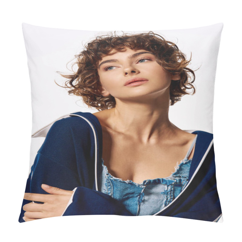 Personality  A Young Woman Dressed In Denim And Navy Cloth Expresses Strong Emotions With A Thoughtful Gaze. Pillow Covers