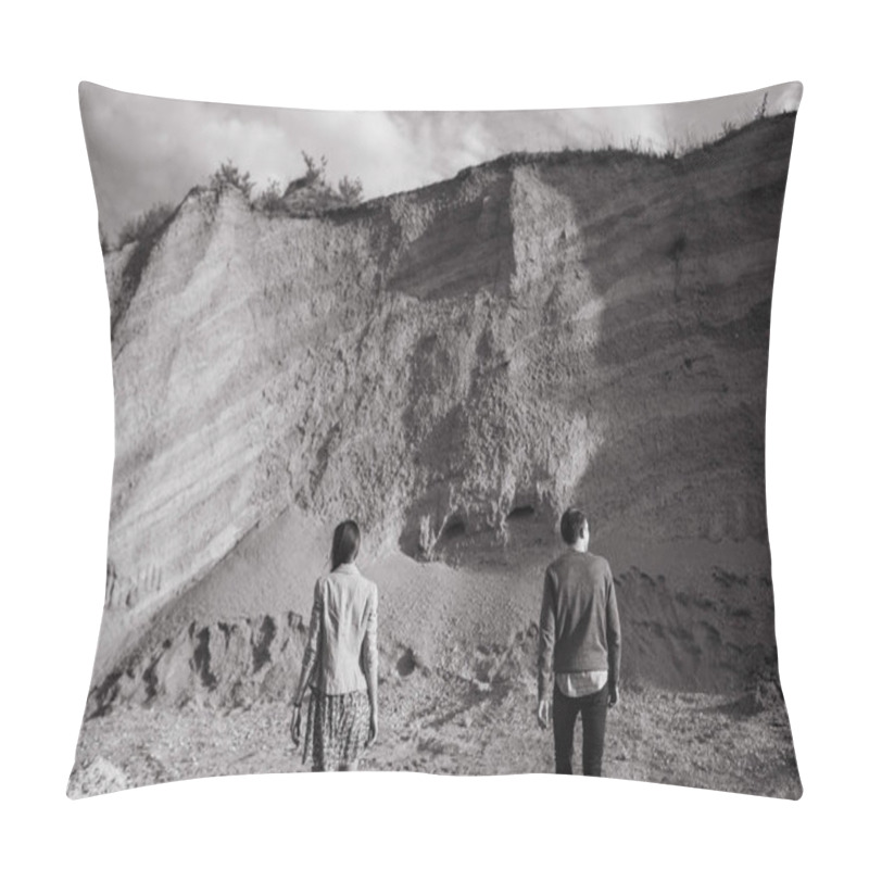 Personality  Rear View Of Man And Woman Posing On Cliff Background Pillow Covers