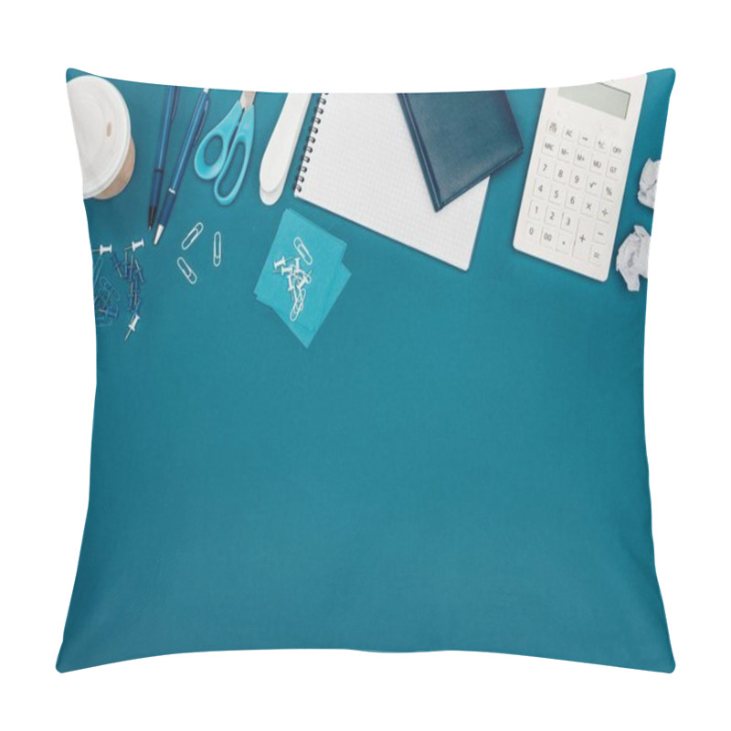 Personality  Top View Of Calculator, Coffee To Go And Office Supplies On Blue Pillow Covers