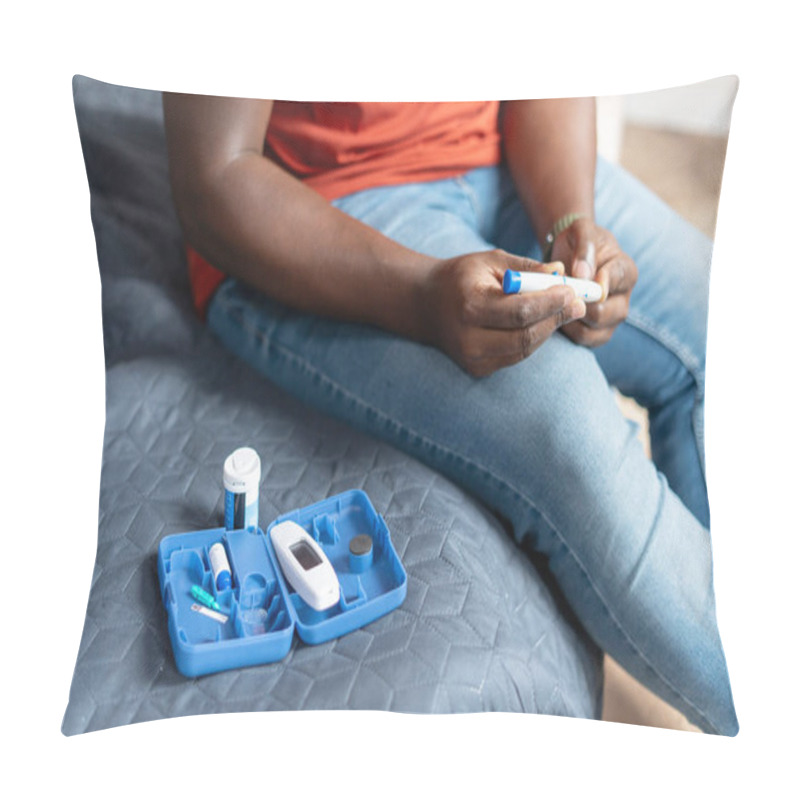 Personality  Cropped Photo Of Diabetic Man Measuring Blood Sugar Level In Room. Home Health Prevention. Health Care, Medicine Concept Pillow Covers