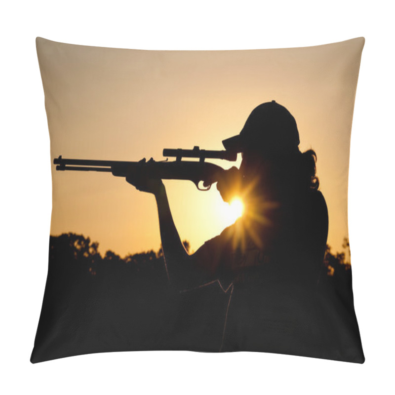 Personality  Silhouette Of A Young Man Shooting With A Long Rifle Against Sunset Sky, With A Sunburst Pillow Covers