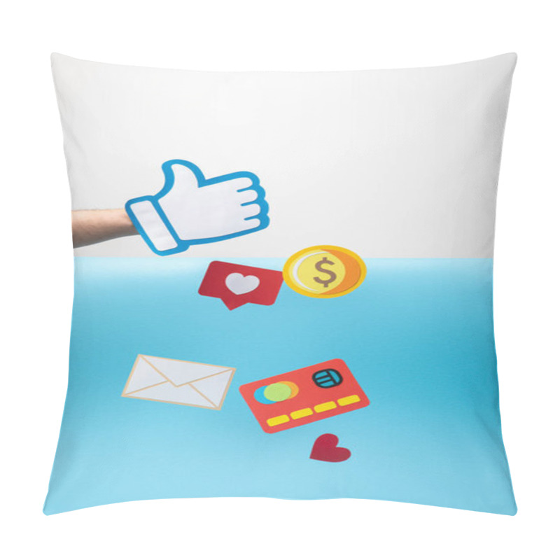 Personality  Cropped View Of Man Holding Paper Thumb Up Near Falling Paper Icons  Pillow Covers