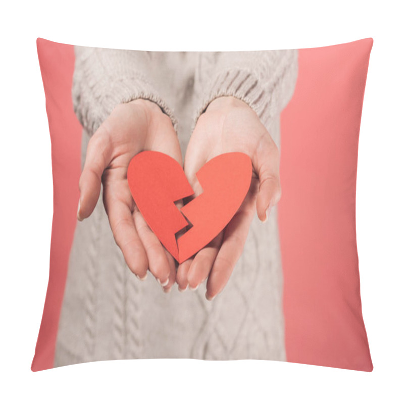 Personality  Cropped View Of Woman In Sweater Holding Paper Cut With Broken Heart On Pink  Pillow Covers