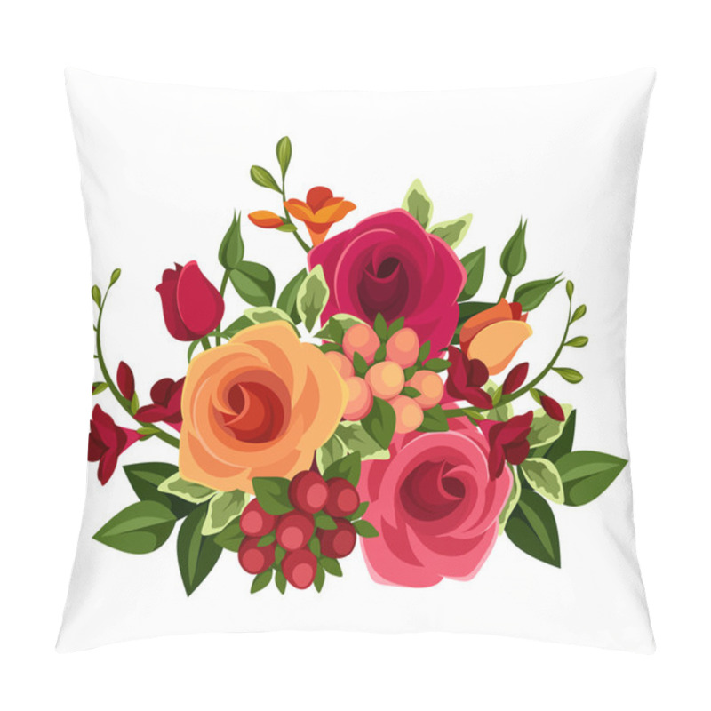 Personality  Bouquet Of Roses And Freesia Flowers. Vector Illustration. Pillow Covers