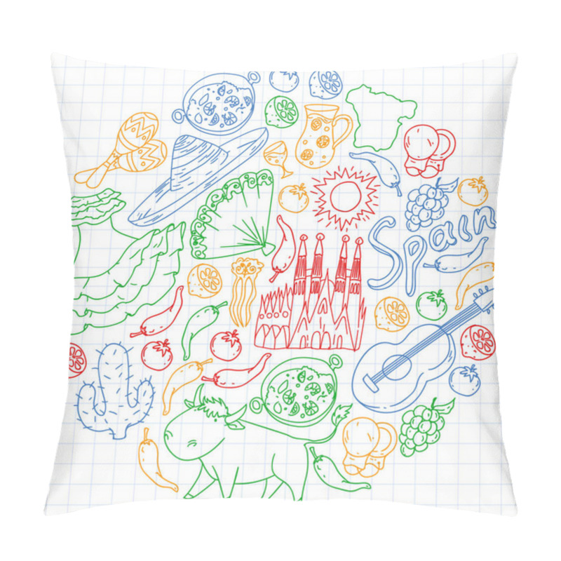 Personality  Spain Vector Pattern. Spanish Traditional Symbols And Objects. Pillow Covers