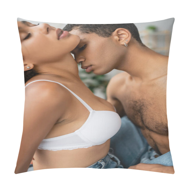 Personality  Passionate African American Woman In White Bra Standing With Closed Eyes Near Sexy Shirtless Boyfriend Pillow Covers