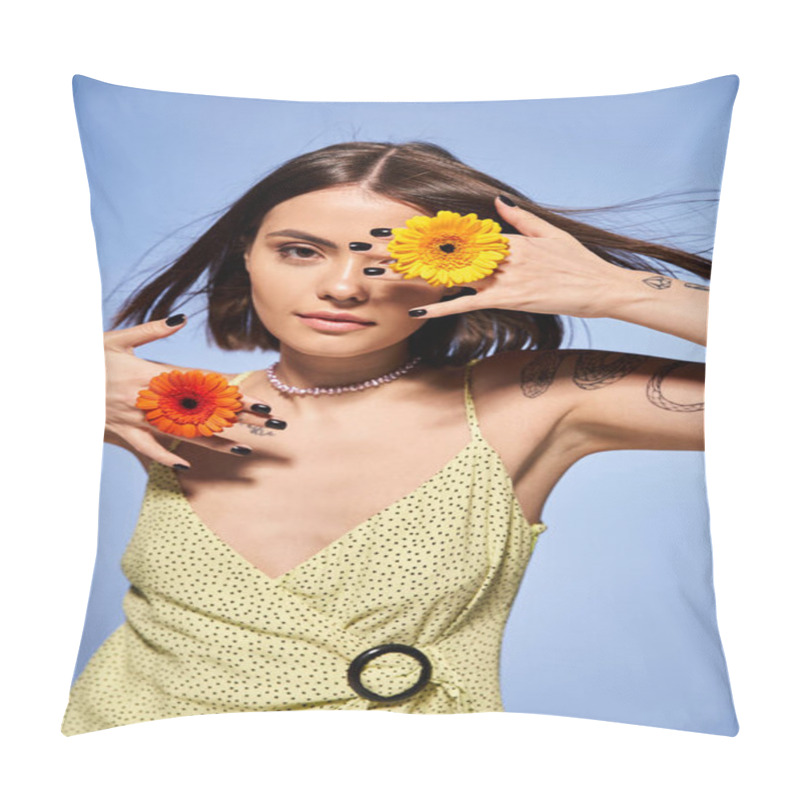 Personality  A Young Brunette Woman Gracefully Holds A Delicate Flower In Her Hand, Exuding A Sense Of Beauty And Connection To Nature. Pillow Covers