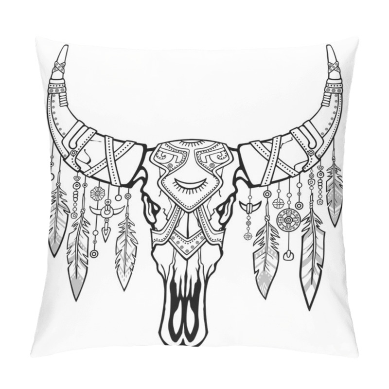 Personality  Fantastic Skull Of A Bull. Ethnic Jewelry And Beads, Indian Motives. Boho Design. The Linear Drawing Isolated On A White Background. Vector Illustration, Be Used For Coloring Book. Pillow Covers