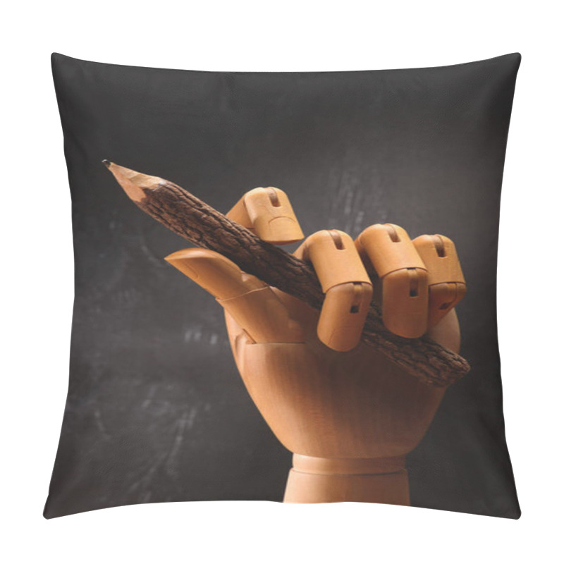 Personality  Close Up Of Wooden Hand Holding Pencil In Front Of Empty Chalkboard In School  Pillow Covers