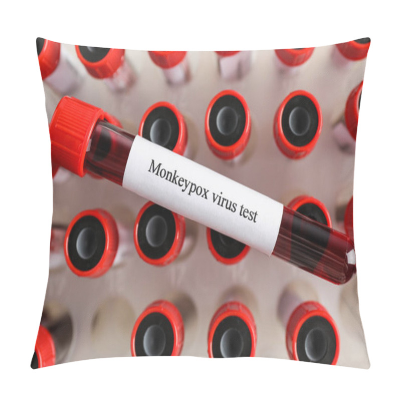 Personality  Monkeypox Virus Test. One Sample Tube With Blood On Others, Top View Pillow Covers