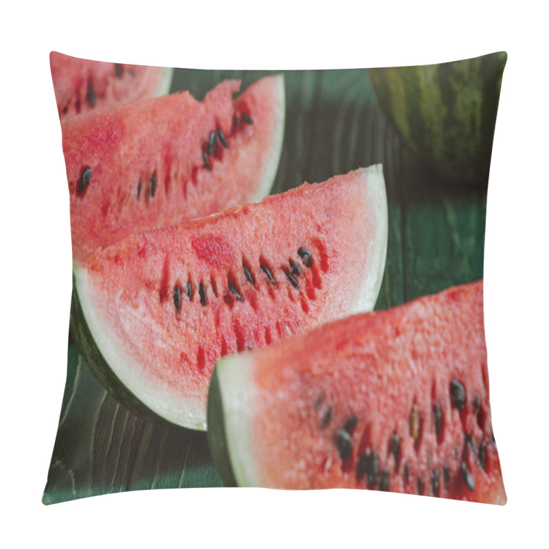 Personality  Close Up View Of Watermelon Slices On Green Wooden Surface Pillow Covers