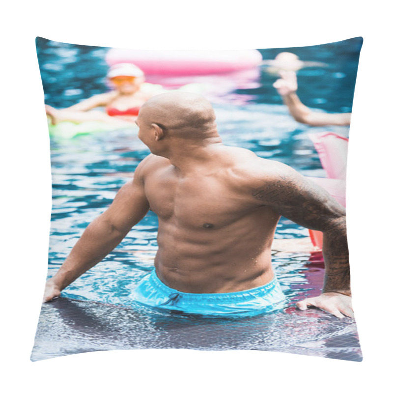 Personality  Young Tattooed Man Near Poolside Talking To Friends In Swimming Pool  Pillow Covers