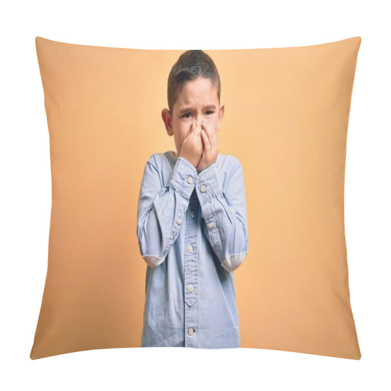 Personality  Young Little Boy Kid Wearing Elegant Shirt Standing Over Yellow Isolated Background Smelling Something Stinky And Disgusting, Intolerable Smell, Holding Breath With Fingers On Nose. Bad Smell Pillow Covers