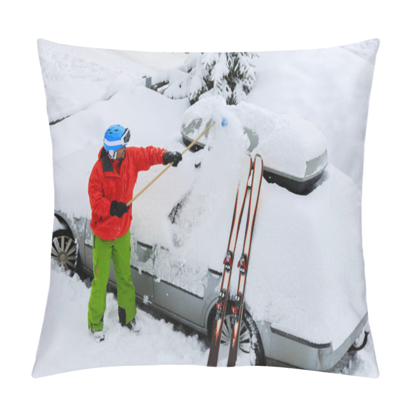 Personality  Ski, Winter, Snow, Car - Skier Man Is Shoveling The Car Of Snow Pillow Covers