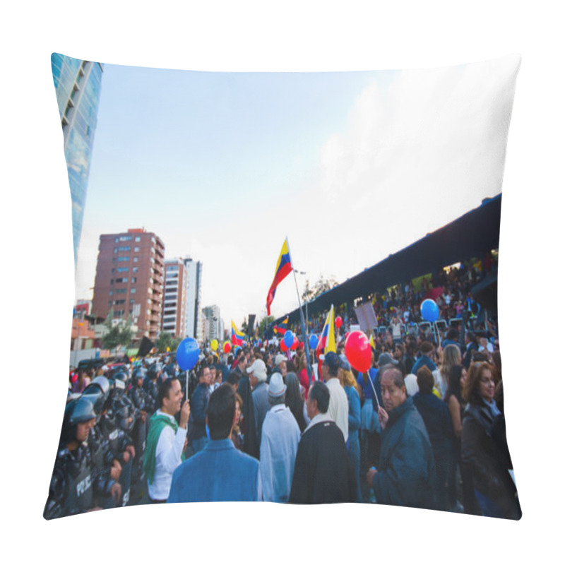 Personality  Quito, Ecuador - April 7, 2016: Group Of People Holding Protest Signs, Balloons With Police And Journalists During Anti Government Protests In Shyris Avenue Pillow Covers